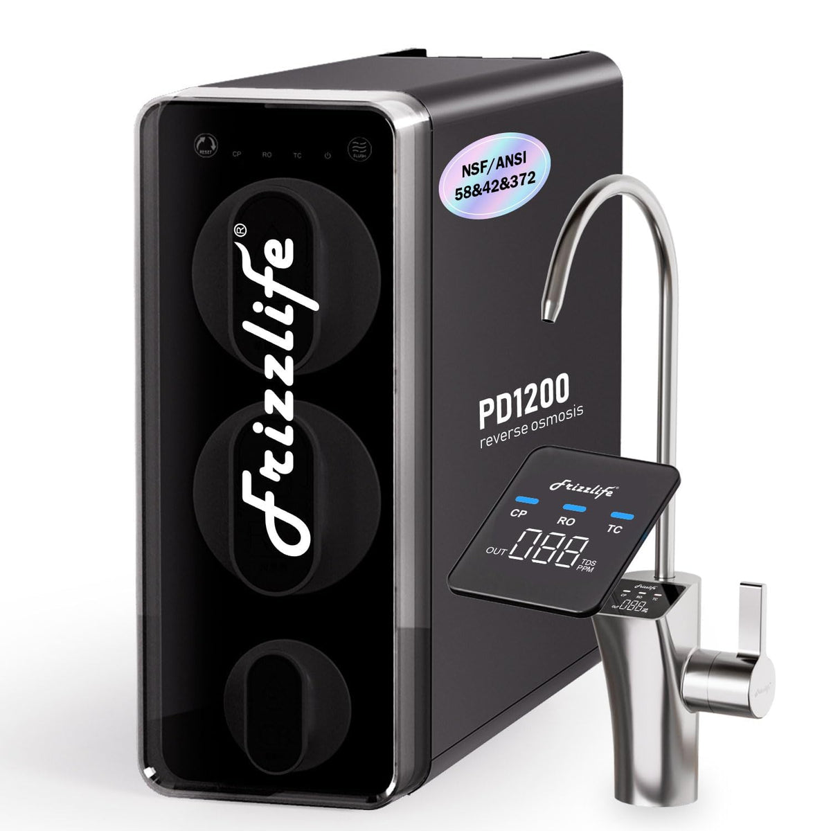 FRIZZLIFE Monitor, Grau, 1200GPD Umkehrosmoseanlage, NSF/ANSI 42&58&372-Standards Untertisch Osmoseanlage, Entkalkungsanlage RO System