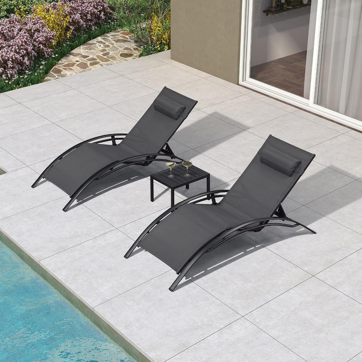 PURPLE LEAF Beistelltisch, Grau, 2er-Set Sonnenliege XXL 5-Fach Verstellbar Aluminium