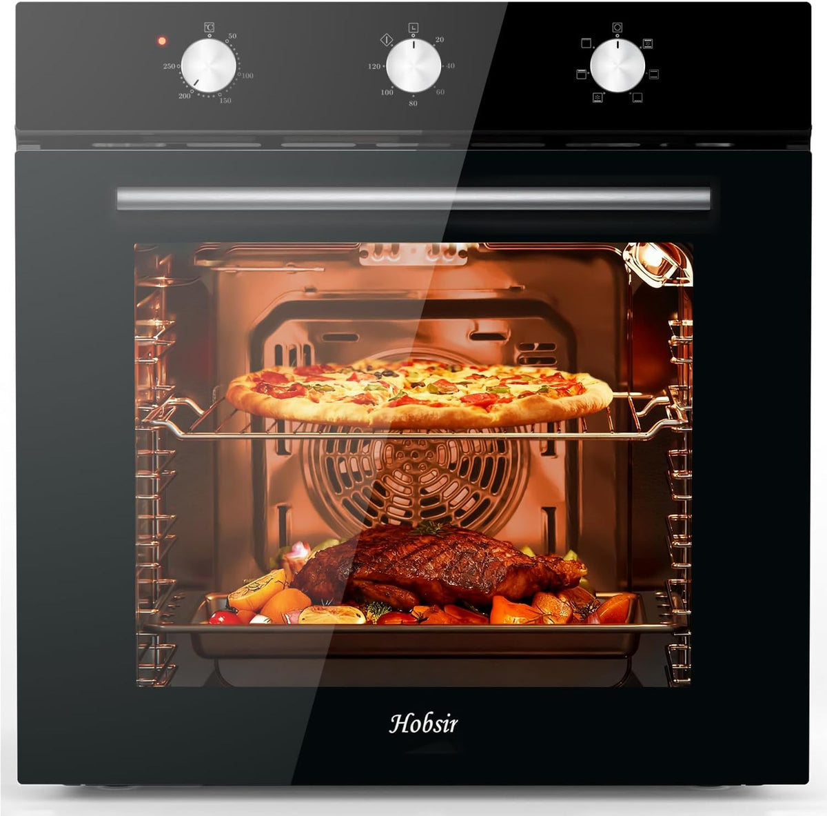 Hobsir Backofen, 2200 W, 60 cm, 60 L, Schwarz/Silber, Einbau mit Volumen, Drehknopfsteuerung
