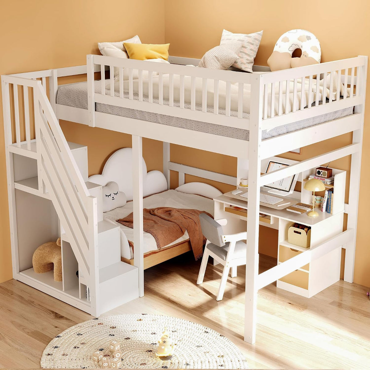 Jovify Bett, 205x183x173 cm, Weiß, Kinder Etagen 140x200, Hoch mit Treppe und Aufbewahrungsschrank, Ohne Matratze