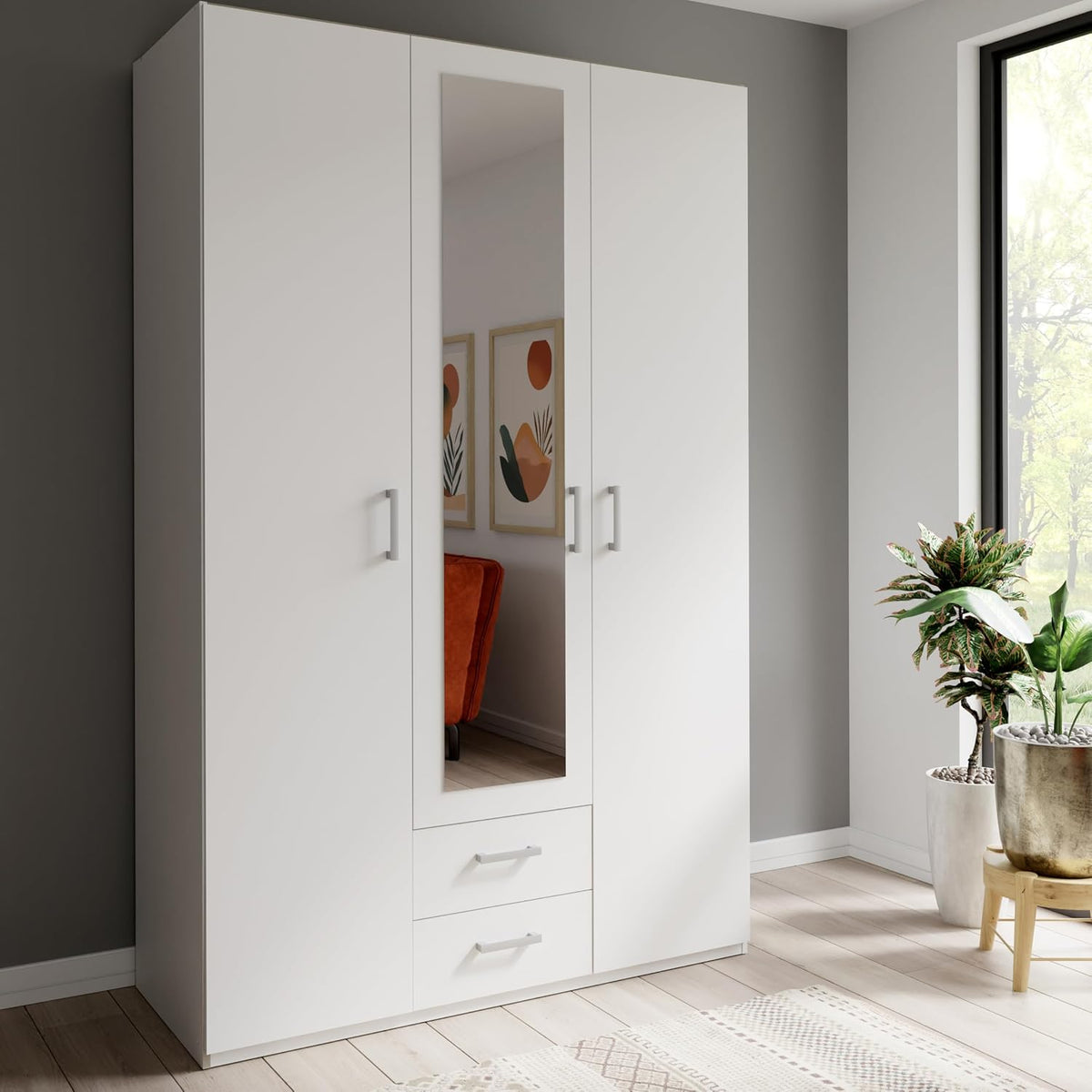 Forte Kleiderschrank, 133,2 cm, 210,5 cm, 54,2 cm, Natur, ECONOBOX 2 130 135, 3-türiger Drehtürenschrank mit Spiegel und 2 Schubladen