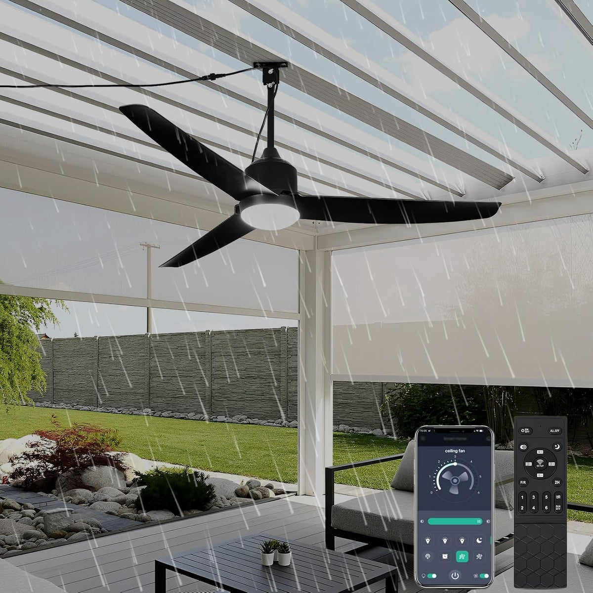 TRUYOK Deckenventilator, Schwarz, mit Beleuchtung und Fernbedienung IP65 Wasserdicht Aussen