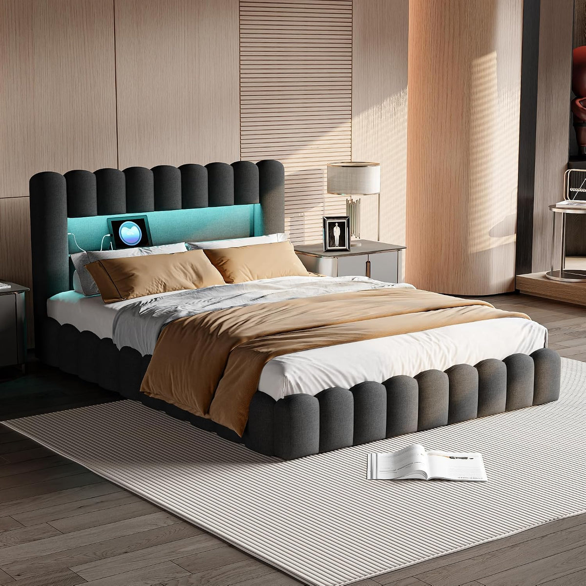 DAHUEN Boxspringbett, 180x200 cm, Grau, Polsterbett Bubble Bett 180x200, Doppelbett mit LED und USB Ladefunktion Kopfteil