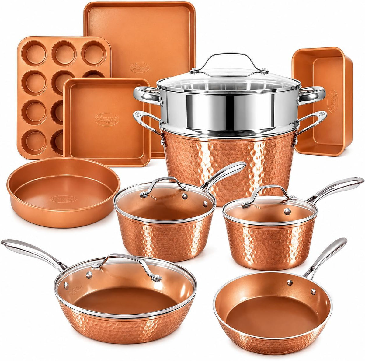 GOTHAM STEEL Pfannensets, Schwarz, Hammered Copper Collection, 15-teiliges -Koch- und Backgeschirr-Set