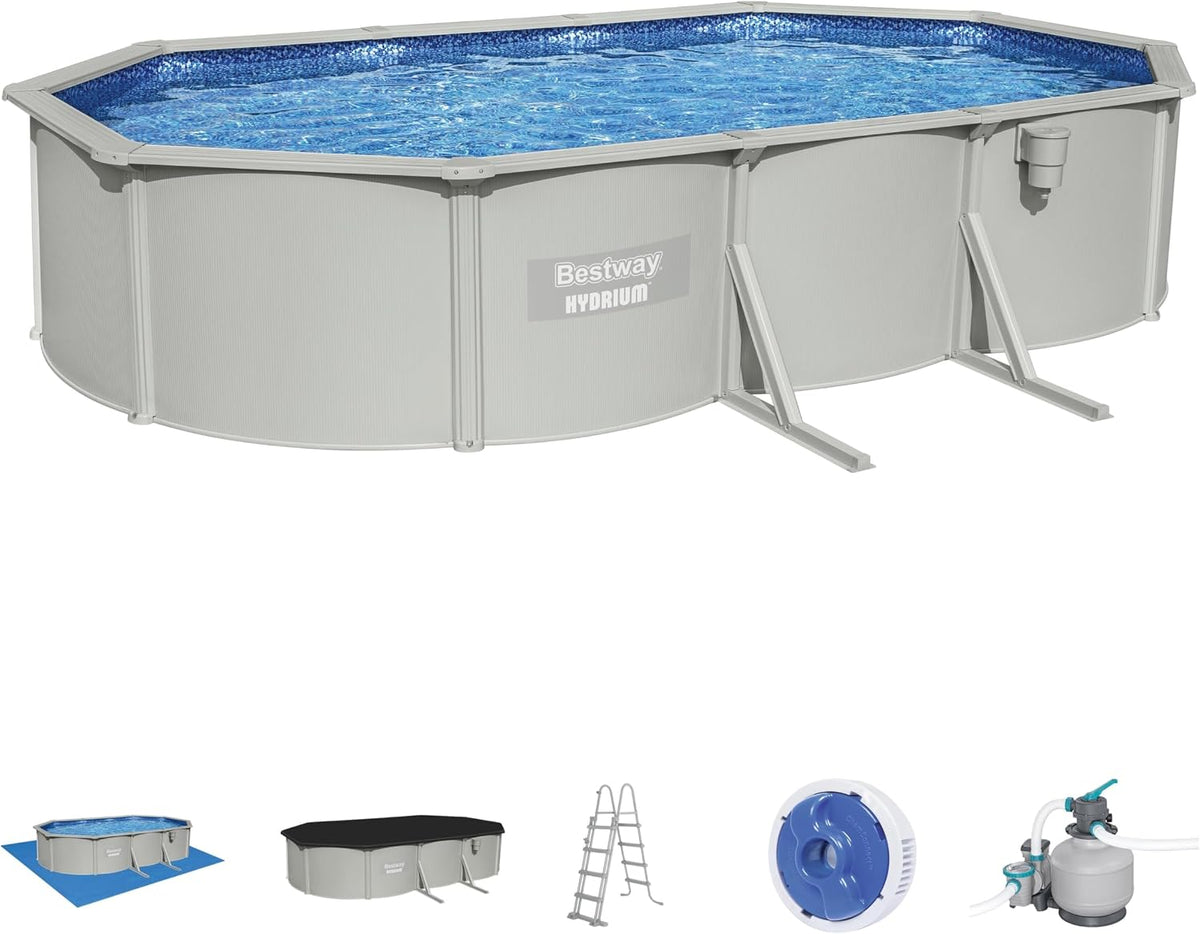 Bestway Stahlrahmenpool, 610 x 366 x 122 cm, Wasserkapazität (90%): 19.929 Liter, Innenverkleidung in Kieselmosaik-Optik, grau