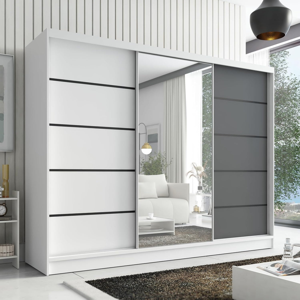 Kleiderschrank A&J MöbelLand, 200 cm, Schwarz/Weiß, Aurelia 2, Schwebetürenschrank breit mit Spiegel, 3-türig, mit Schubladen