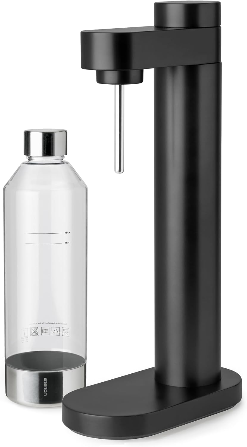Stelton Wassersprudler, Schwarz, Brus mit flasche, Carbonator für Wasser mit CO2 - Einstellbare, Metallic