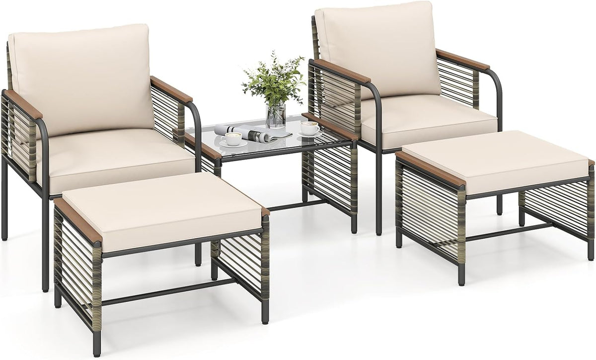 Gartenmöbel-Set COSTWAY, Beige, Gartengarnitur, Rattan Gartenmöbel Set, Balkonmöbel, Balkonset inkl. 2 Stühle mit Kissen