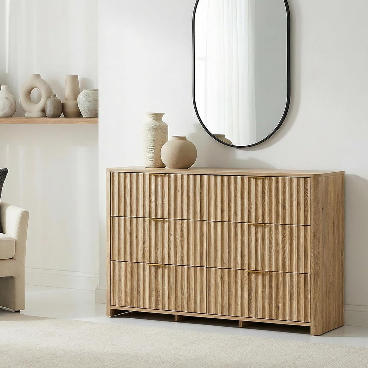 IDIMEX Sideboard, Gold/Eiche, Kommode ELLA mit 6 Schubladen, Eiche Finish - Schubladenkommode mit Lamellenoptik