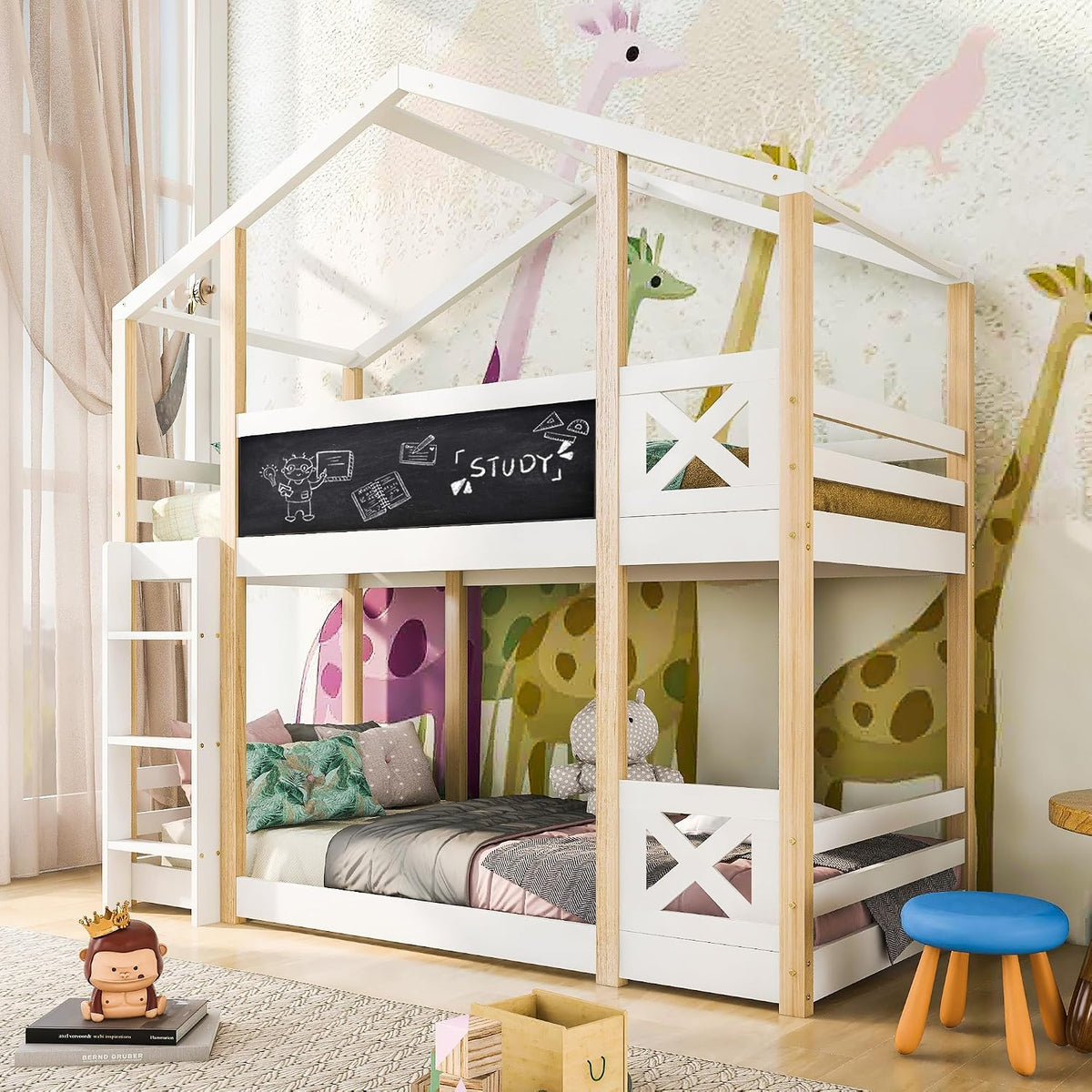 Mrwoo Bett, 90 x 200 cm, Natur, Kinder Etagen Baumhaus-Design, Hoch mit Leiter und Integriertes Malbrett, mit Rausfallschutz und Lattenrost