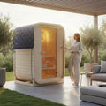 WELCON Gartensaunas, 120x120x194 cm, 3,6 kW, 230 V, Beige/Dunkelblau, EASYHEAT Solo Fasssauna Outdoor, Gartensauna aus Fichtenholz für 1