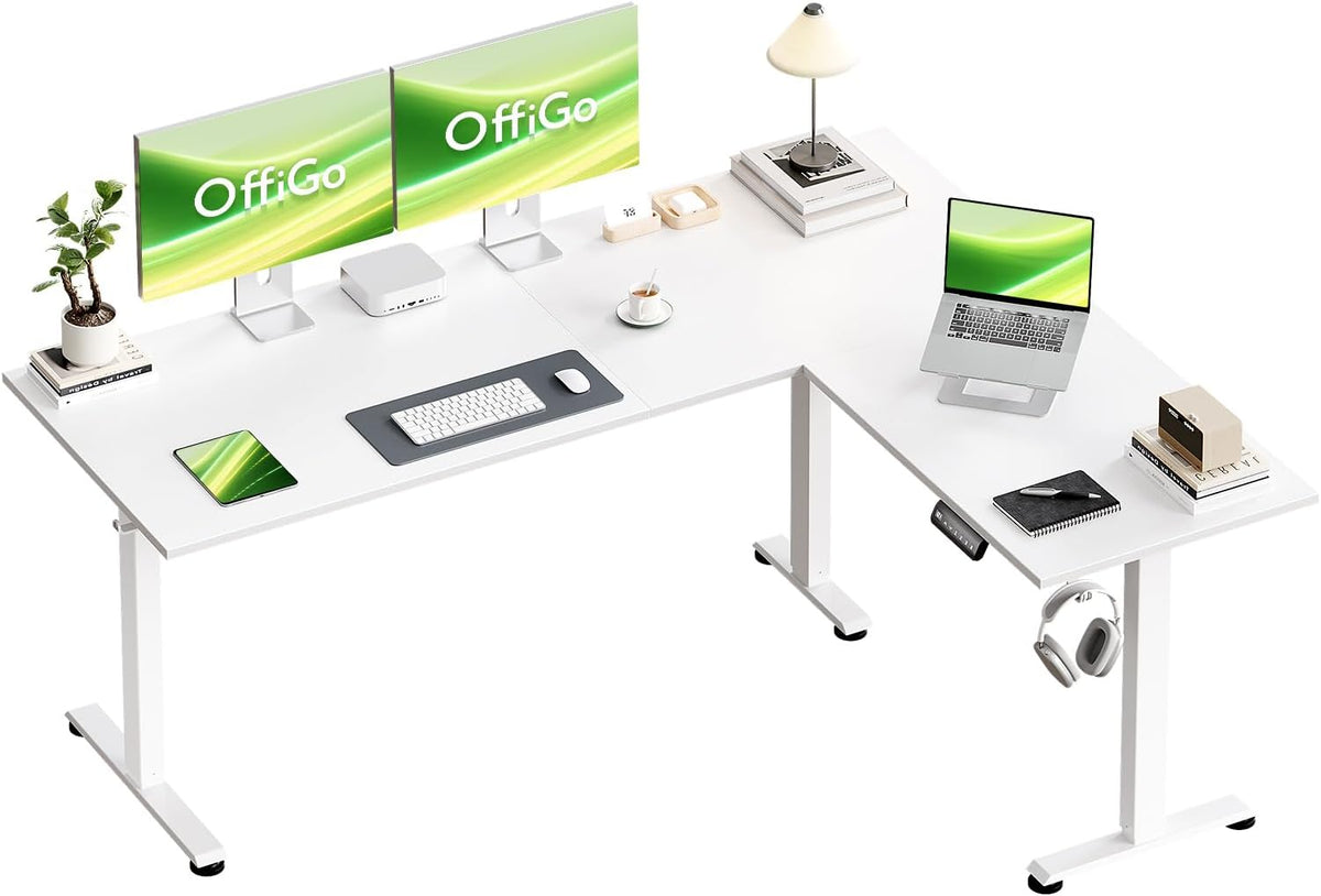 OffiGo Schreibtisch, 160 x 120 cm, Natur, Elektrisc Höhenverstellbarer Eck, Weiß