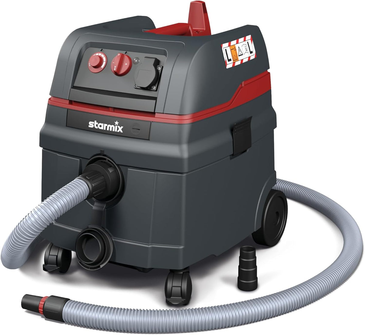 Starmix Nass-Trockensauger, 1600 W, 25 l, 5 m, Grau/Rot, ISC L-1625, Industriesauger Staubklasse L mit Gerätesteckdose &