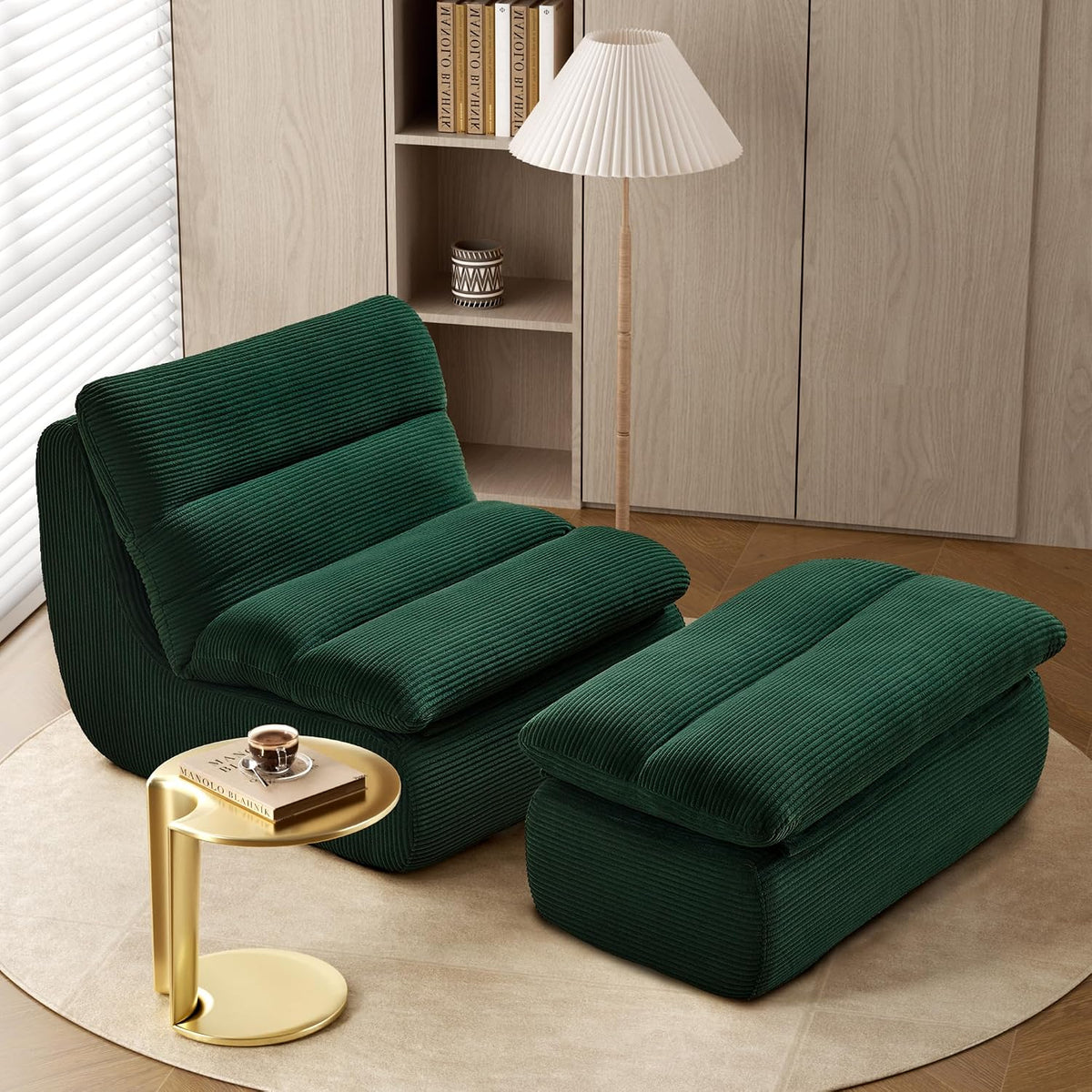 Sofa okwish, Grün, Sitzsack Mit Fußhocker, abnehmbaren Rückenlehne und Sitzkissen, Boden, Sitzsack Lesesessel, Wohnzimmer Loungesessel