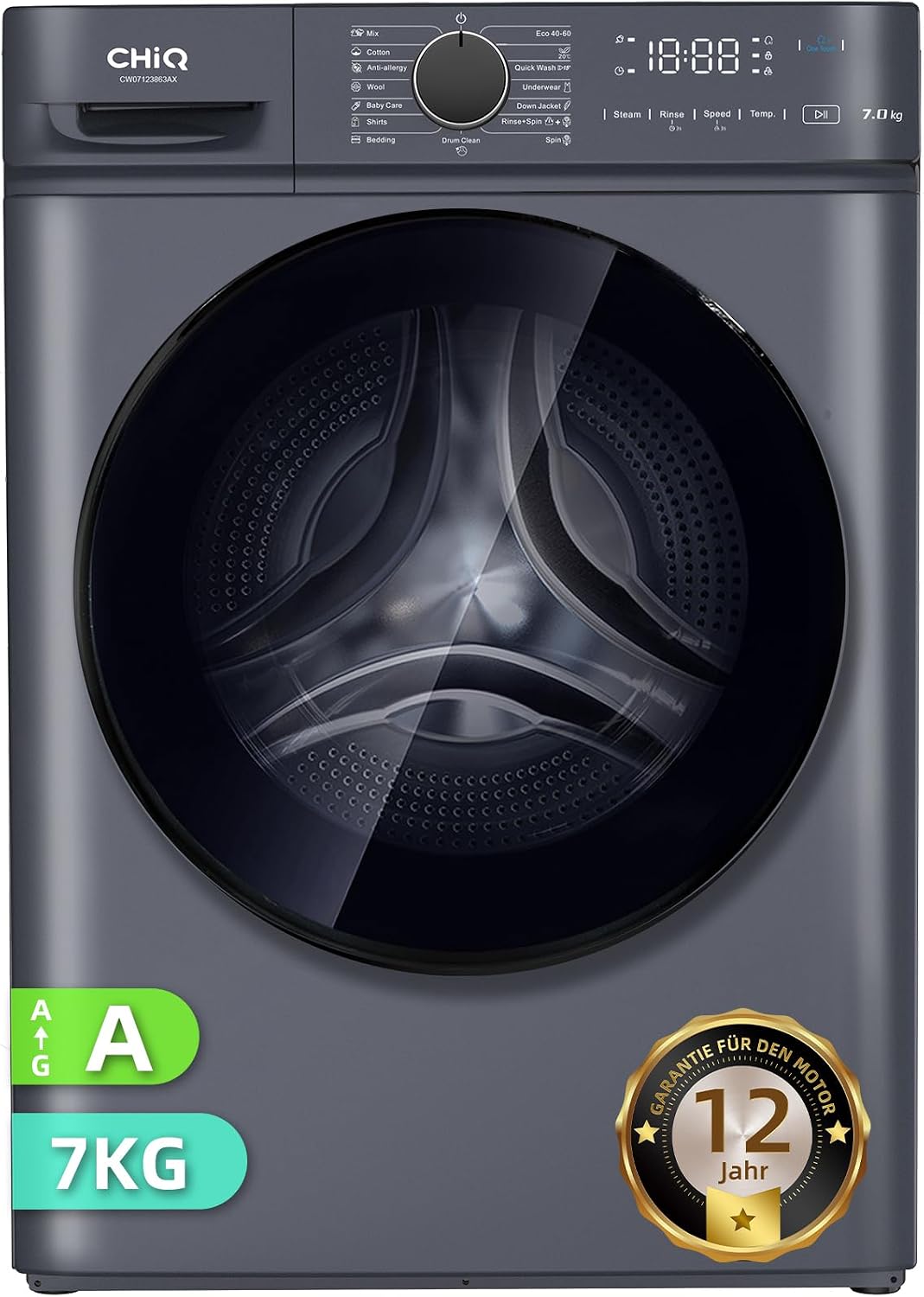 CHIQ Waschmaschine, 60x46,5x84 cm, 7 kg, Grau, InverterMotor, EEK A, Große Tür, Speed Wash, Auto Clean, Kindersicherung