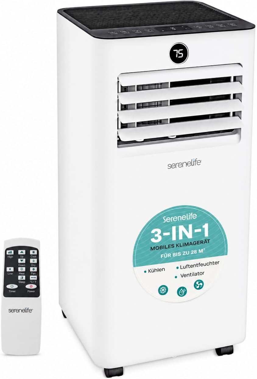 SereneLife Klimaanlage, 54db, 35m, Weiß/Schwarz, Klimagerät Mobil 7000 BTU, 3-in-1 mit Abluftschlauch, Kühlen, Entfeuchten und Ventilieren