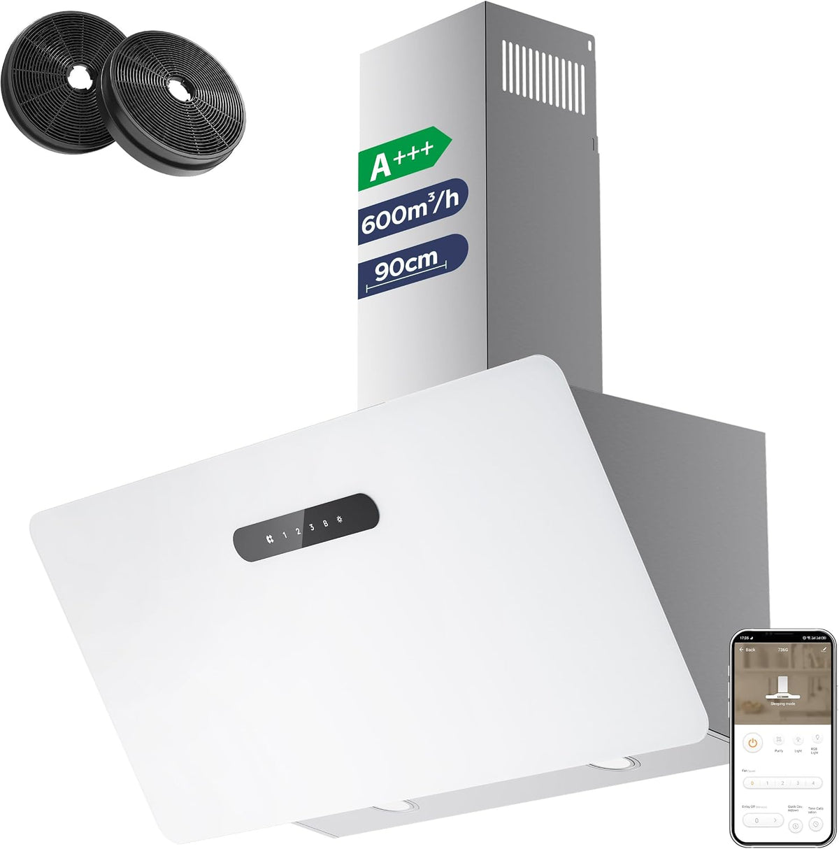CIARRA Dunstabzugshaube, 90 cm, 650m, Weiß/Edelstahl/Schwarz, CBCW9736K A+++ Umluft Abluft App SensorTouch Bedienung