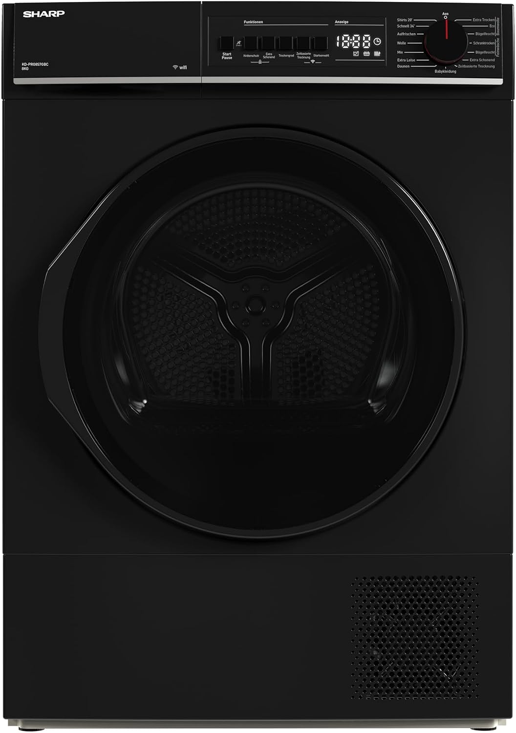 SHARP Wäschetrockner, 8 kg, Schwarz, KD-PRO8S7GBC-DE, WiFi, 15 Trockenprogramme inkl. 20-Minuten-Schnelltrockenprogramm