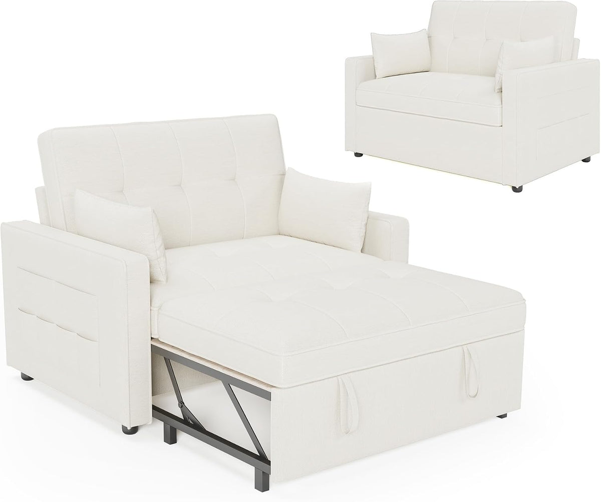 LUXOAK Sofa, 186 x 122 cm, Cremeweiß, Schlaf mit 5-stufig Verstellbarer Rückenlehne, 3-in-1 Schlafcouch mit Kissen und Seitentasche