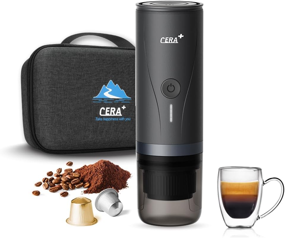 CERA+ Kaffeemaschine, Schwarz/Silber, Máquina de Espresso Eléctrica Portátil Auto-calentamiento, kompatibel mit gemahlenem Kaffee und NS-Kapsel