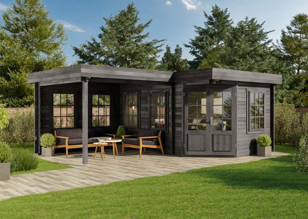 Alpholz Gerätehaus, 442 x 302 cm, 300 cm, 40 mm, Grau, 5-Eck Gartenhaus Pepe mit Wandstärke inklusive Terrasse