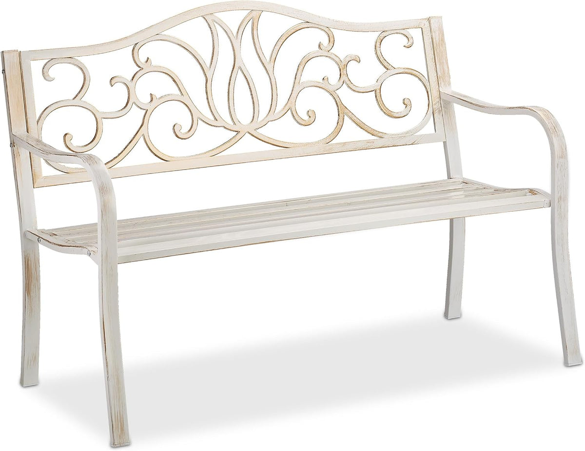 Relaxdays Sitzbank, 90x127,5x63 cm, Stahl, Gusseisen, Weiß/Bronze, Gartenbank Antik für 2 Personen, Balkon, Terrasse