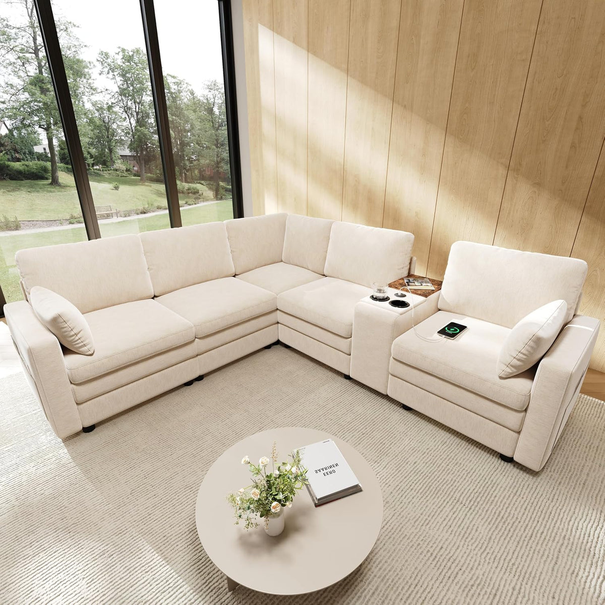 Sofa BEJUDYTT, Beige, Eck 5-Sitzer, Cloud mit Konsole, U-S-B-Anschlüssen & Getränkehaltern, Wendbare Mittelkonsole mit Stauraum