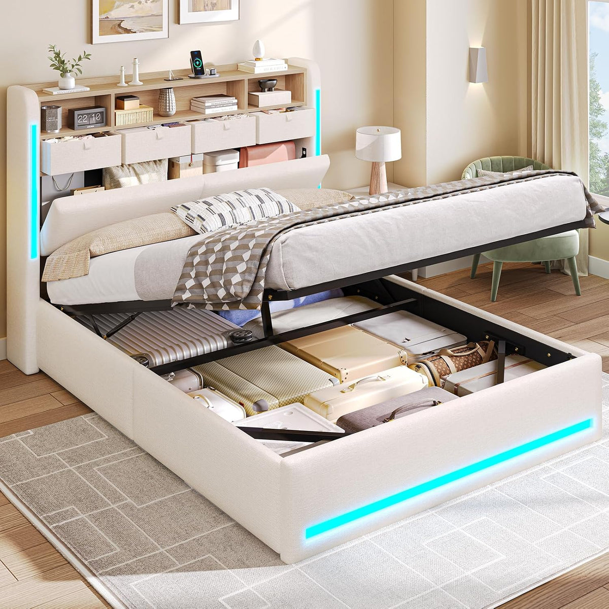 AOGLLATI Bett, Beige, 140x200 mit LED-Beleuchtung, 4 schubladen & Hydraulik