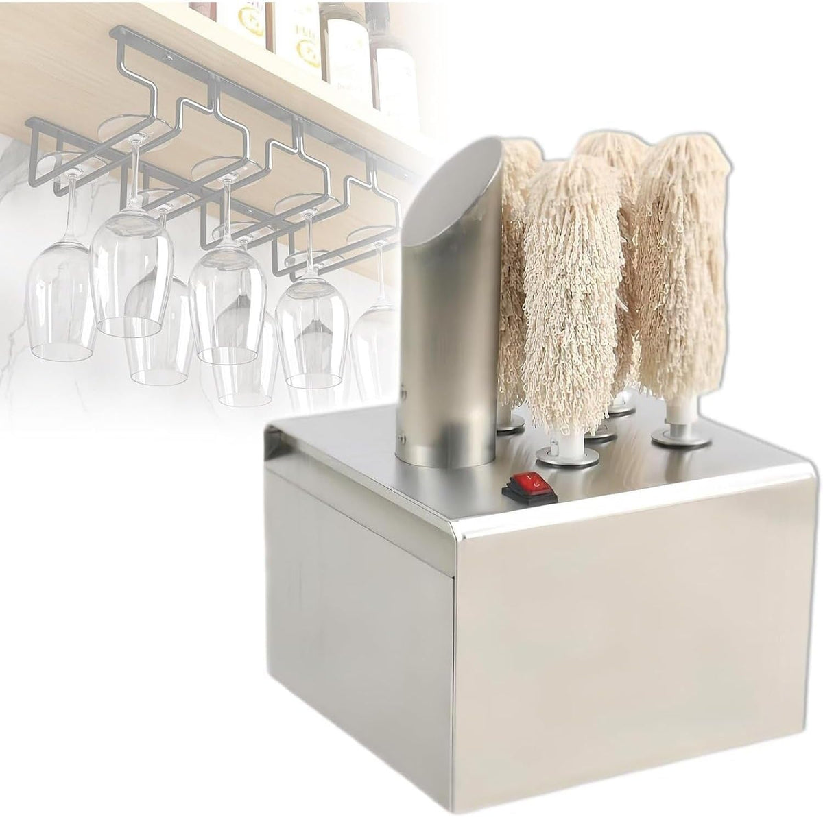 Gläserreinigungsmaschine, 1375 W, Edelstahl 304, Mikrofaser, Silber, Elektrischer Weinglaspolierer aus Edelstahl mit 3/5/8