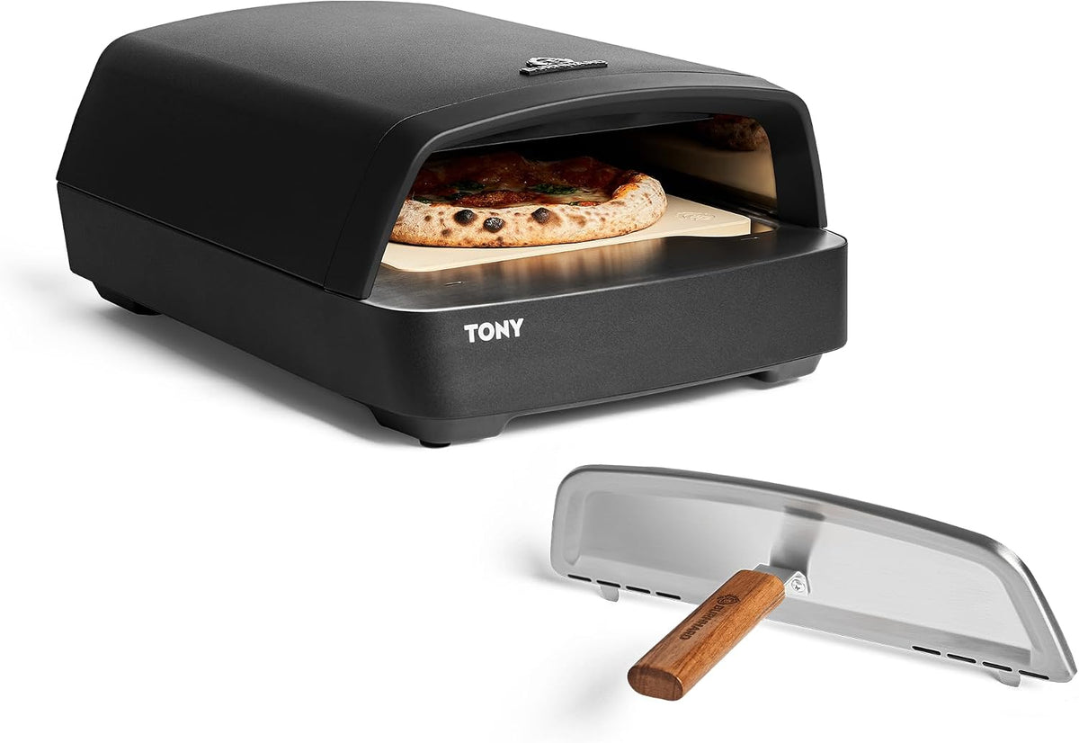 BURNHARD Pizzaofen, 58,5 x 47,7 x 24,8 cm, 5,9 kW, Schwarz, Gas - Tony inkl. Hitzeschild, 450 °C, Tragbarer Outdoor Ofen für Pizza