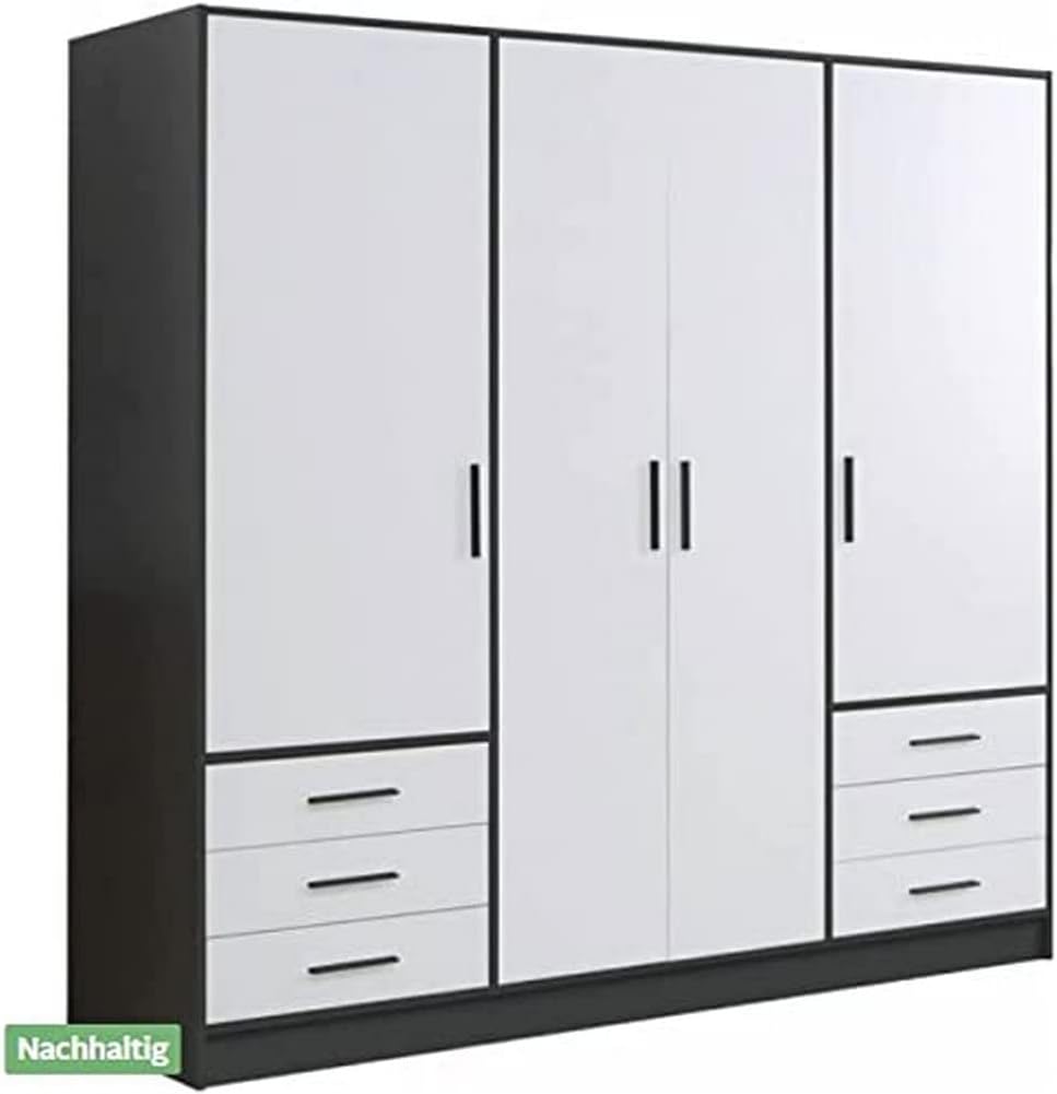 Kleiderschrank Forte, 206.5 cm, 200 cm, 60 cm, Schwarz, Jupiter Schrank 200 210, Drehtürenschrank, 4-türig, mit 6 Schubladen und Einlegeböden