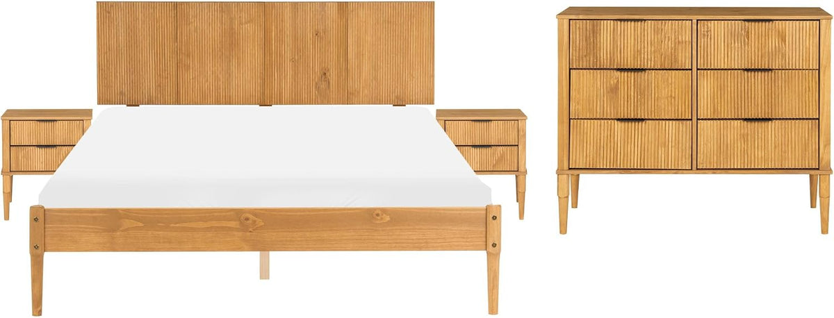 Beliani Bett, 160x200 cm, Kiefernholz, Braun, Schlafzimmer Set 4-teilig Kiefrenholz Hell mit 2