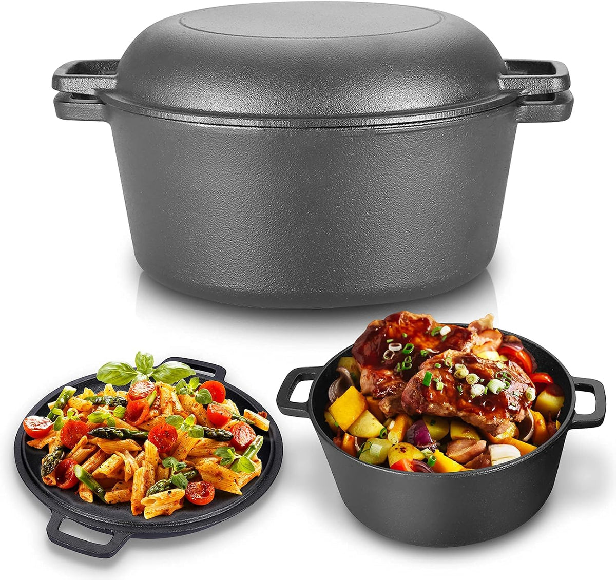 Gusseisentopf Kochfeld, 26 x 26 x 12 cm, Schwarz, 2-in-1, 5-l-Kochtopf, doppelter holländischer Ofen, Camping, Garten