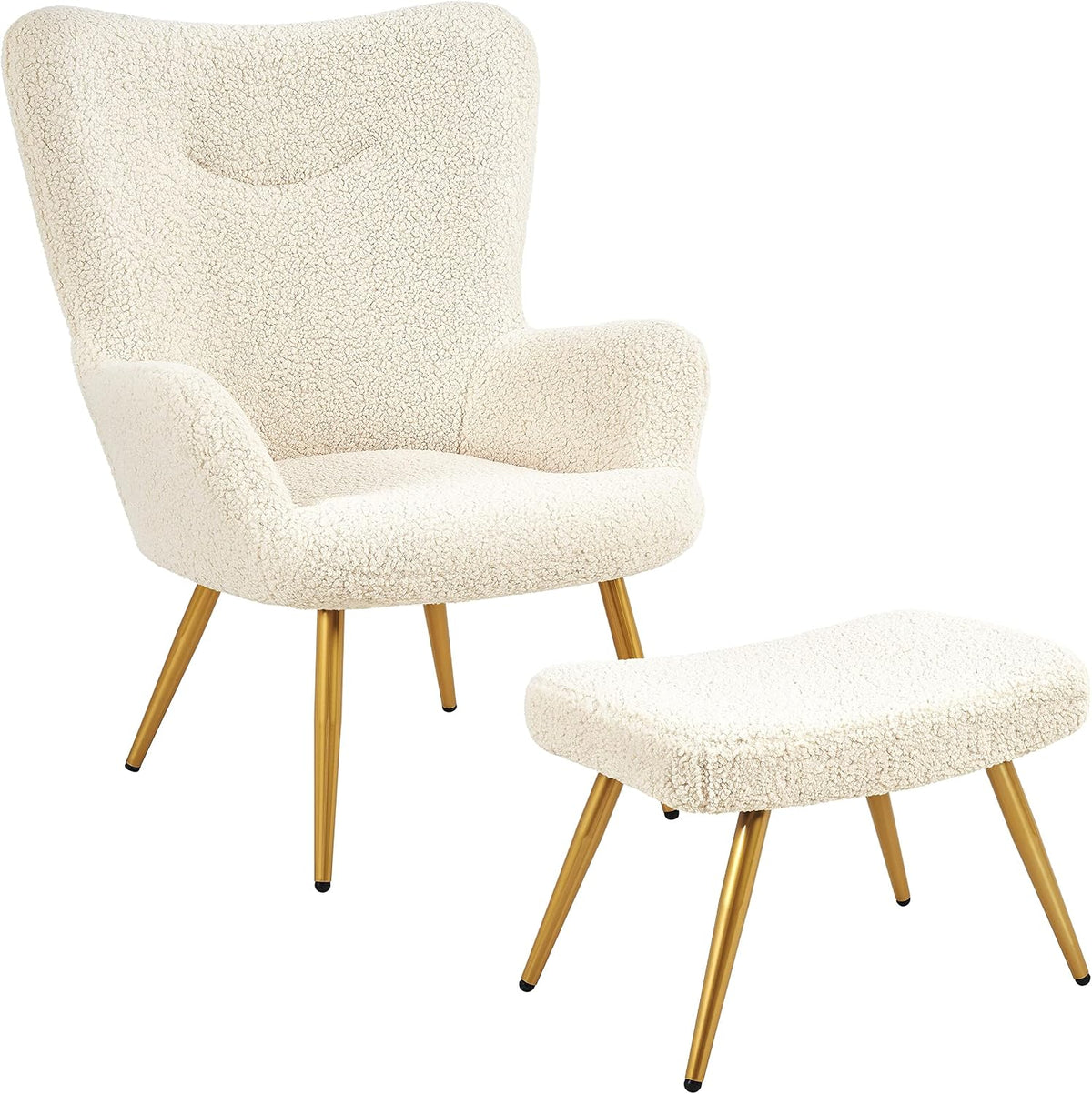 Yaheetech Relaxsessel, Elfenbein/Gold, Ohrensessel mit Hocker Polyester-Bezug, Fernsehsessel Armlehnensessel Polstersessel Cocktailsessel