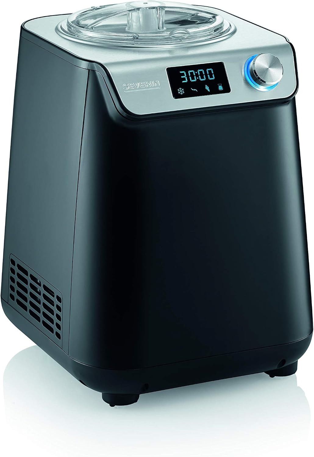 SEVERIN Eismaschine, Schwarz/Silber, Kompakt & Joghurtbereiter, platzsparende mit Kompressor im Slim-Design, 2-in-1 Eisbereiter und Joghurtmaschine