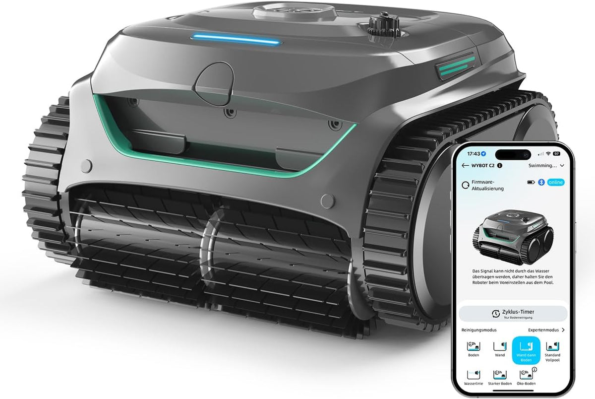 WYBOT Poolroboter, Grau/Grün, C2 Akku Boden und Wand für Einbaupools bis 150㎡, Doppelfiltration, 3-Fach Motor, Starke Saugkraft
