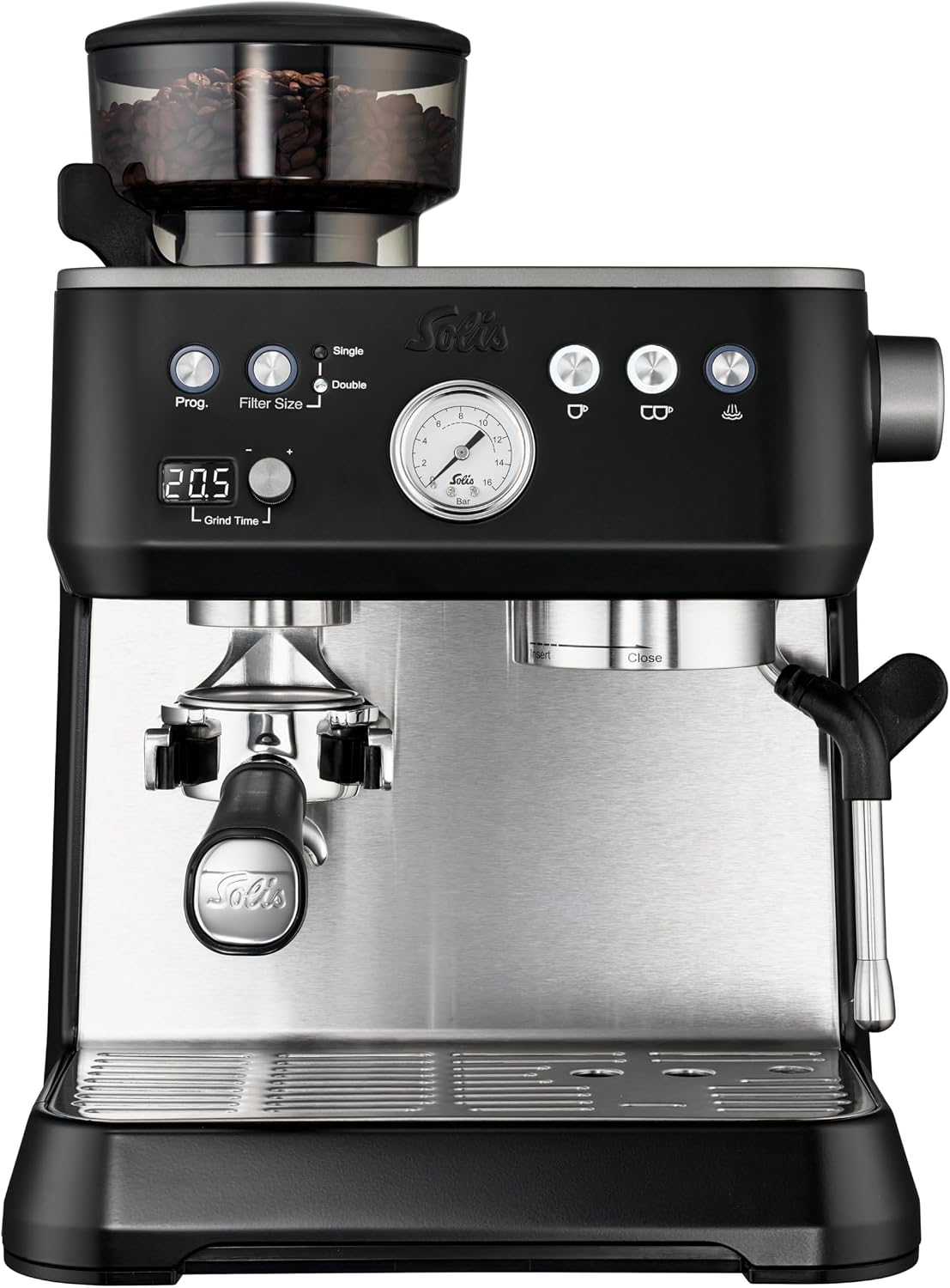Solis Milchaufschäumer, Schwarz, Grind & Infuse PERFETTA Espressomaschine, Kaffeemaschine mit Mahlwerk und, Heißwasser- und Dampffunktion