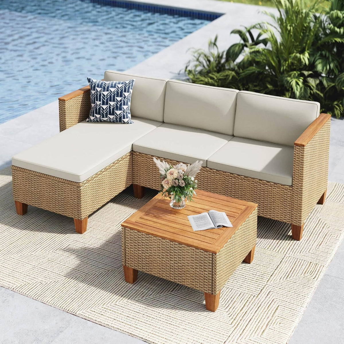 Sofa MFSTUDIO, Beige, 3-Teilig Rattan Gartenmöbel Set mit n Kissen für 4 Personen, Kleines L-Förmiges Outdoor mit Holztisch