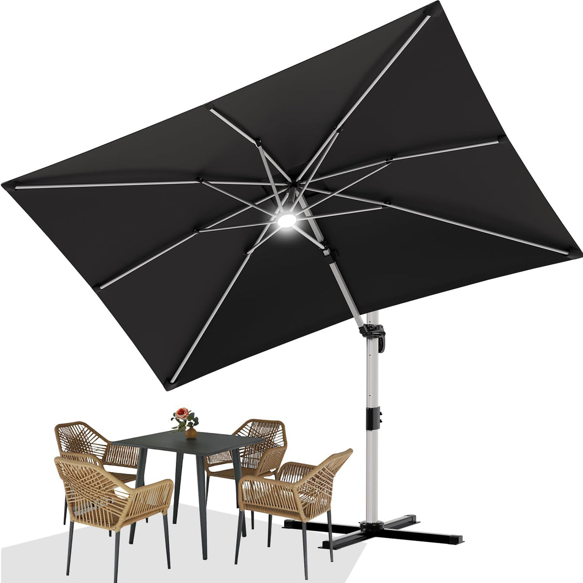 Devoko Markise, 300x400x260 cm, Schwarz, Sonnenschirm Balkon Alu Ampelschirm mit LED, Wasserabweisend Gartenschirm mit Kurbel
