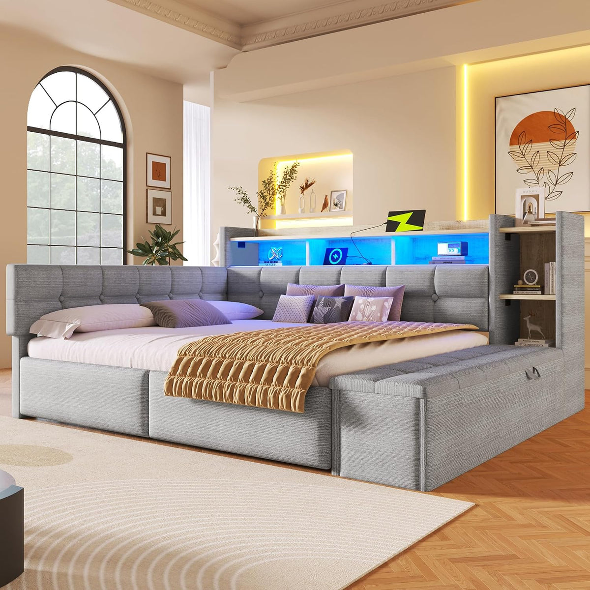 LinoraFurn Matratze, 140 x 190 cm, Grau, Tagesbett, Daybett, Schlafsofa, 140×190 cm, mit Zwei Schubladen, USB- und Typ-C-Anschlüssen
