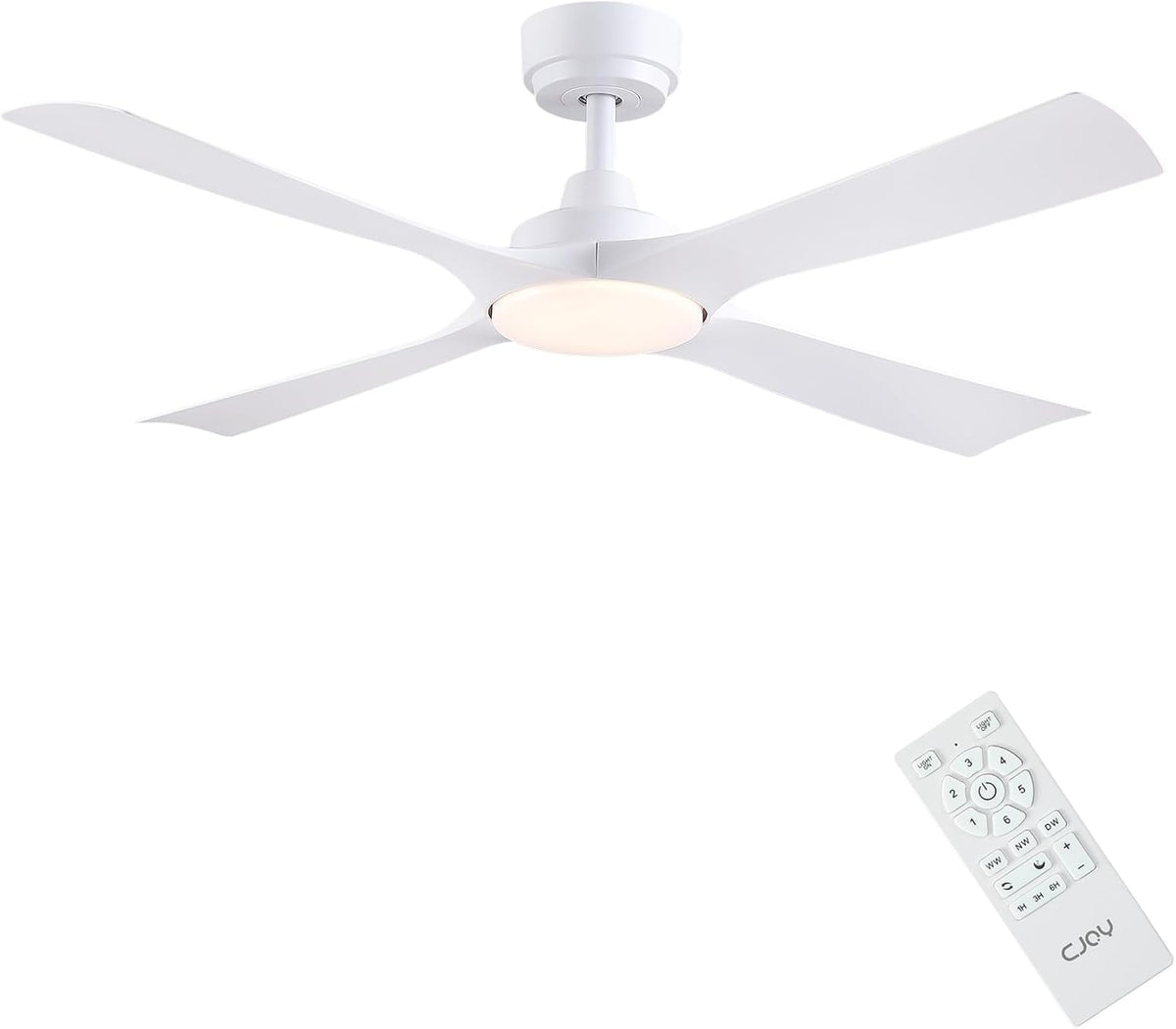 CJOY Deckenventilator, 122CM, Weiß, mit Fernbedienung Leise, mit Beleuchtung 4 Flügel, 6 Geschwindigkeiten, LED Dimmbar