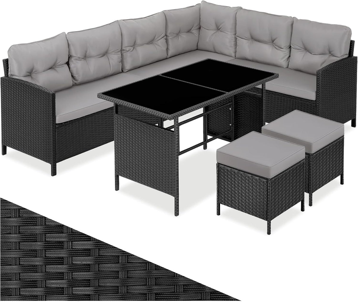 Sofa tectake, schwarz/grau, Polyrattan Lounge Set, Gartenmöbel Set mit, Hocker + Tisch, Balkon Möbel Outdoor