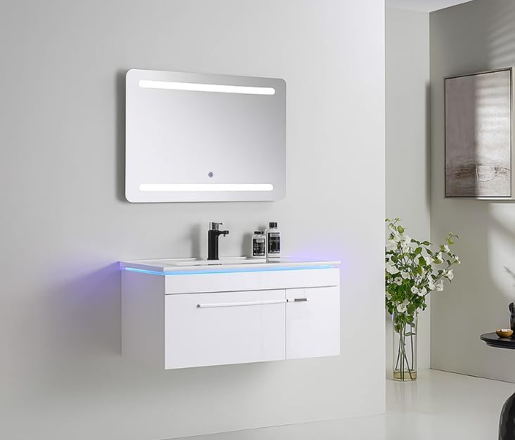 Faizee Möbel Komplettprogramme, 90 cm, Mehrfarbig, Hochglanz Bad Set mit Keramik-Waschbecken & Unterschrank