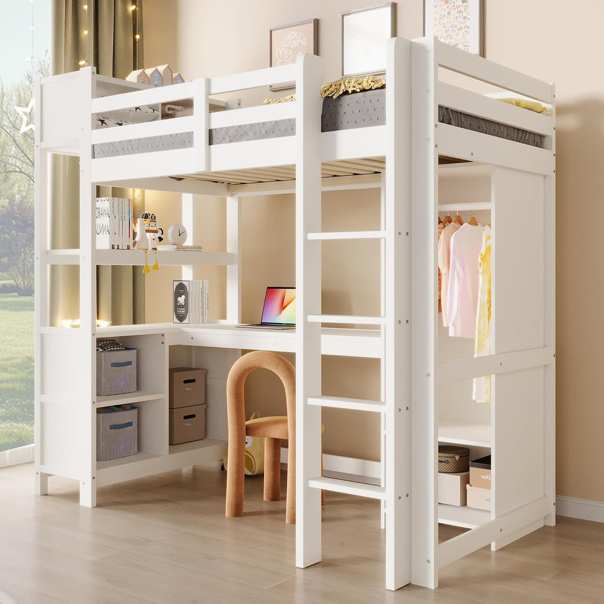 FQMOZY Bett, Weiß, Kinder Hoch 90x200, Einzel Jugend mit Kleiderschrank & Schreibtisch & mehrere, Holz Stauraum mit Lattenrost & Rausfallschutz