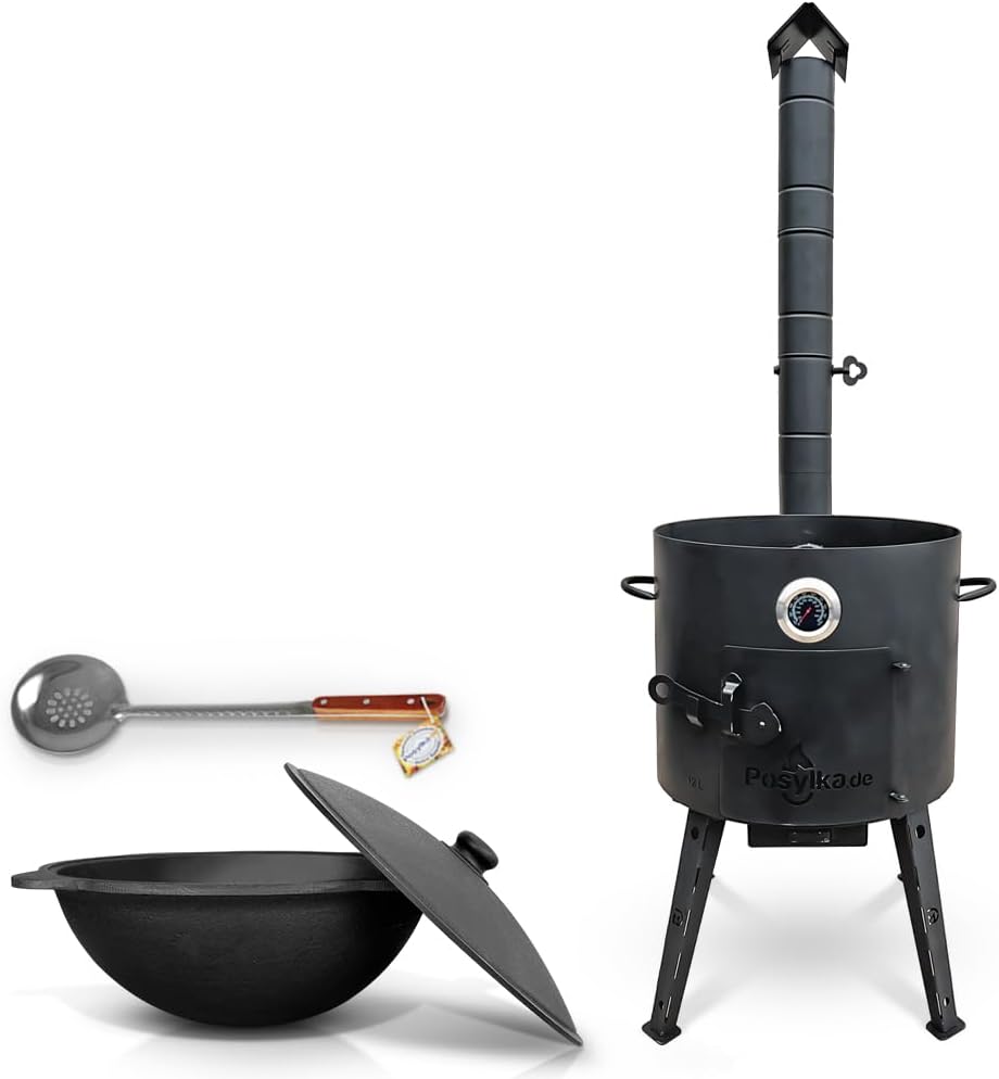 ZARENHOFF Feuerstellen, 48 cm, 12 L, Schwarz, Utschak Feuerofen mit Thermometer Gusseisen Topf Kazan, Учаг, Outdoor