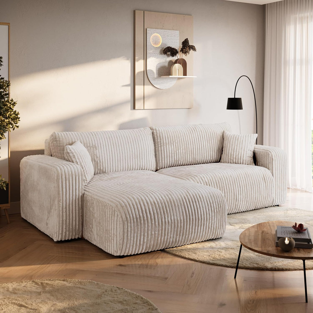 Sofa BROMARKT, 125x200 cm, Schwarz, Eck mit Schlaffunktion und Bettkasten L Crème