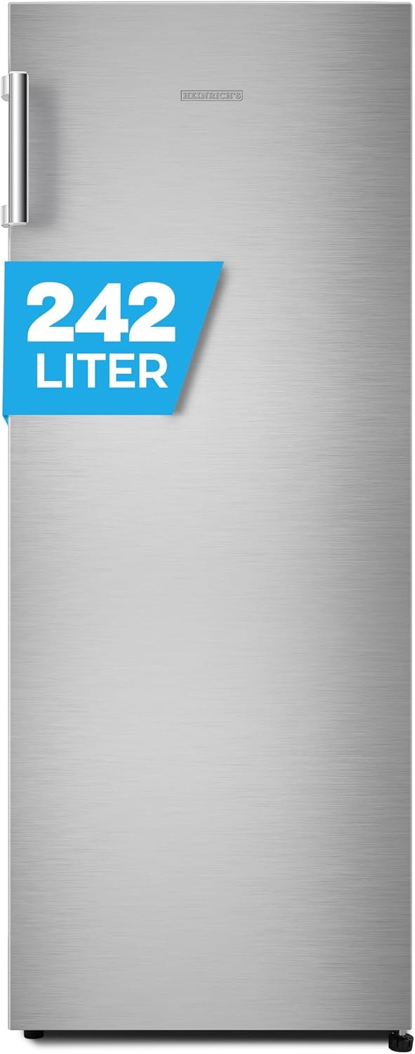 Heinrich´s Kühlschrank, 242 L, 40 dB, Silber, freistehend, ohne gefrierfach, Vollraum, LED-Beleuchtung, Stand mit 5Glasablagen