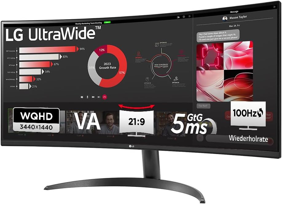 LG Monitor, 34 Zoll, Schwarz, UltraWide 34WR50QK-B 21:9 Curved UWQHD VA, 100Hz, HDR10, 99% sRGB, 2X HDMI 2.0, 1x DisplayPort 1.4