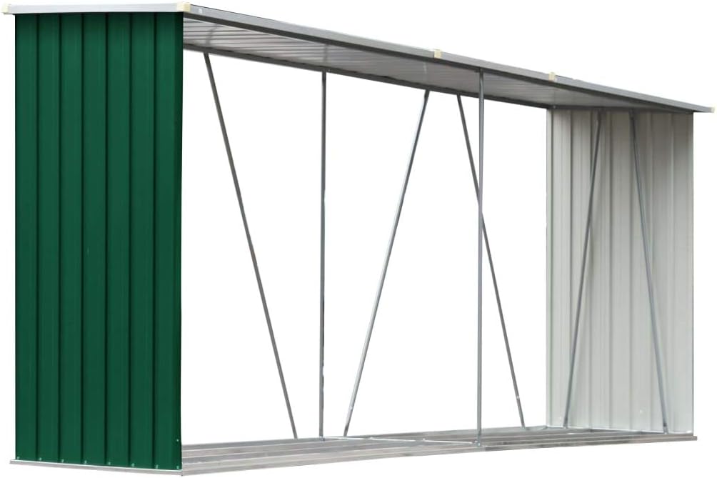 Gerätehaus Gartenhaus, 330x84x152 cm, Grün, Lagerhaus Metall Kaminholzregal Outdoor Stahl Holz
