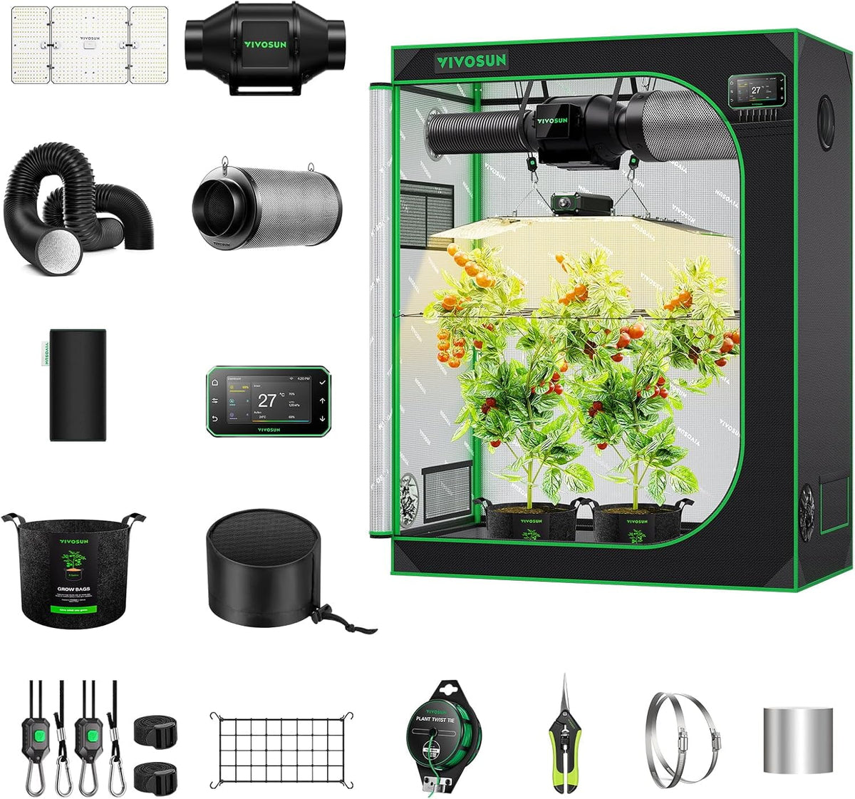 VIVOSUN Zuchtzelte, 120x60x150 cm, 200 W, Schwarz/Grün, Smart Growzelt Komplettset, WLAN-integriertes automatisches Grow-System